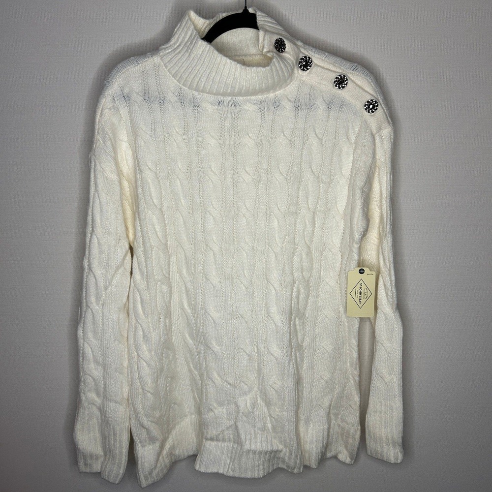 St Johns Bay Ivory Cable Knit Mock Neck Button Sweater Petite M NWT Festive Cozy